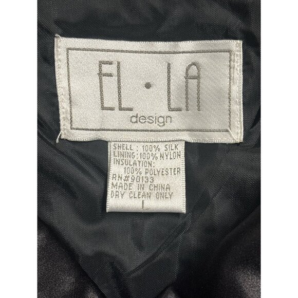 EL·LA Design Quilted Silk Long Jacket Women’s Size L Black Satin Button Front Co - Picture 6 of 8